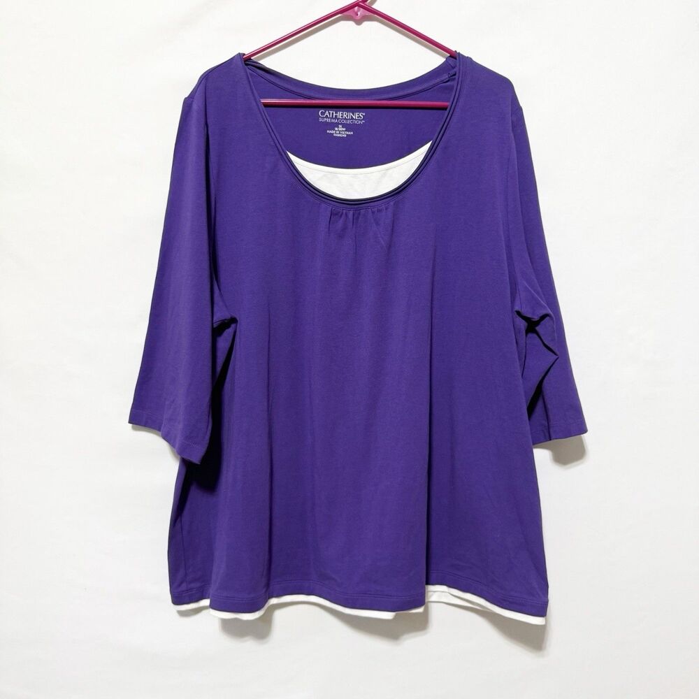 Catherines Suprema Top Women 1X 18/20W Purple Layered Look 3/4 Sleeve Stretch